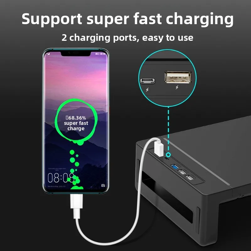 USB 3.0 Monitor Riser with Three Length Settings, Independent Phone Fast Charging, Storage Box plus Decorative Desktop Lighting