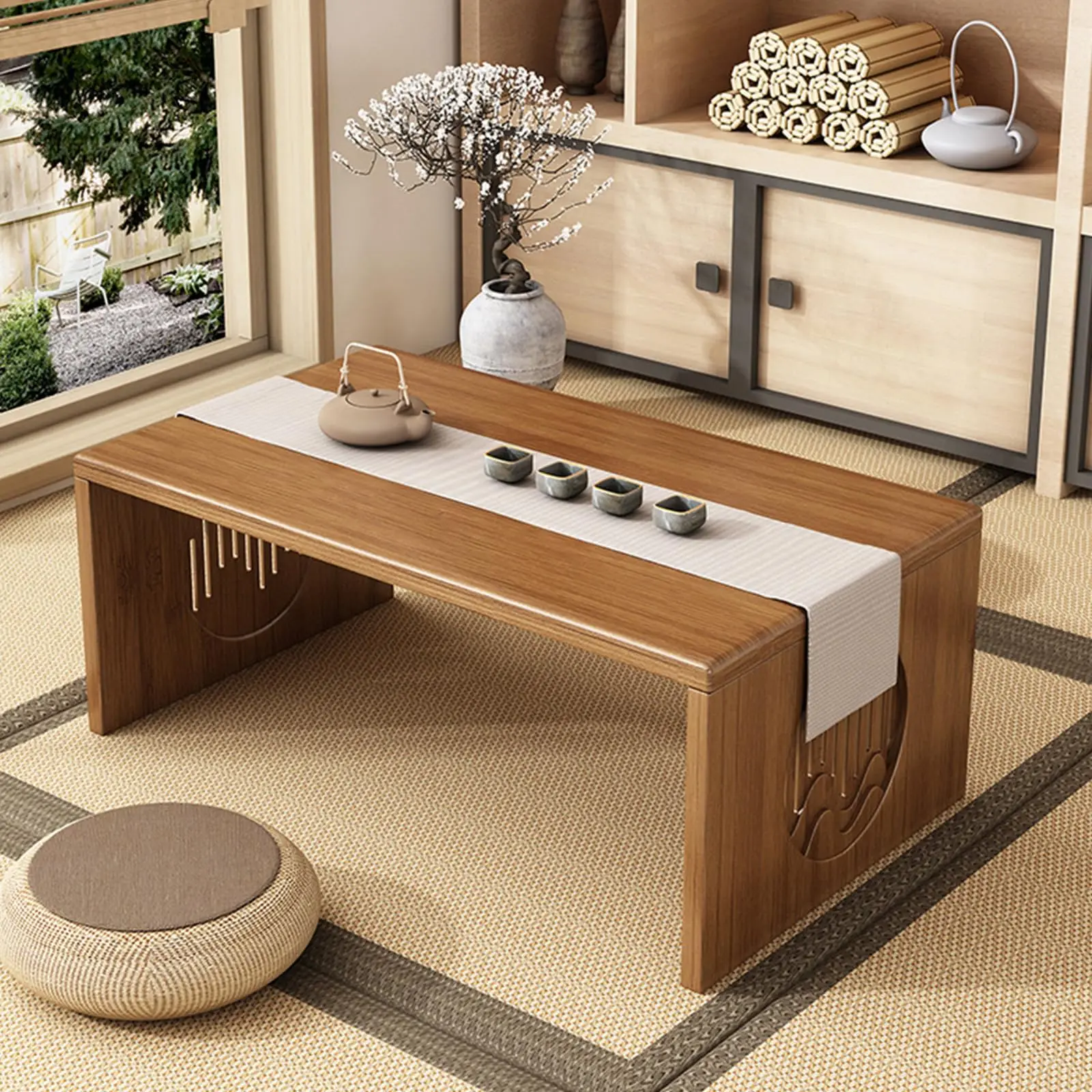 Japanese Folding Low Floor Table, Bamboo Coffee Table Sitting on The Floor Tatami Desk Portable Dining Furniture for