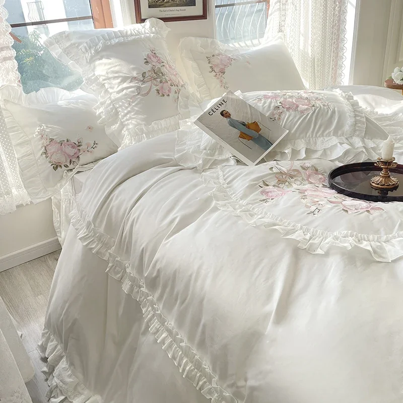 White Princess Bedding Set Korean Style Flowers Embroidery Egyptian Cotton Ruffle Duvet Cover Bedspread Bed Skirt Pillowcases