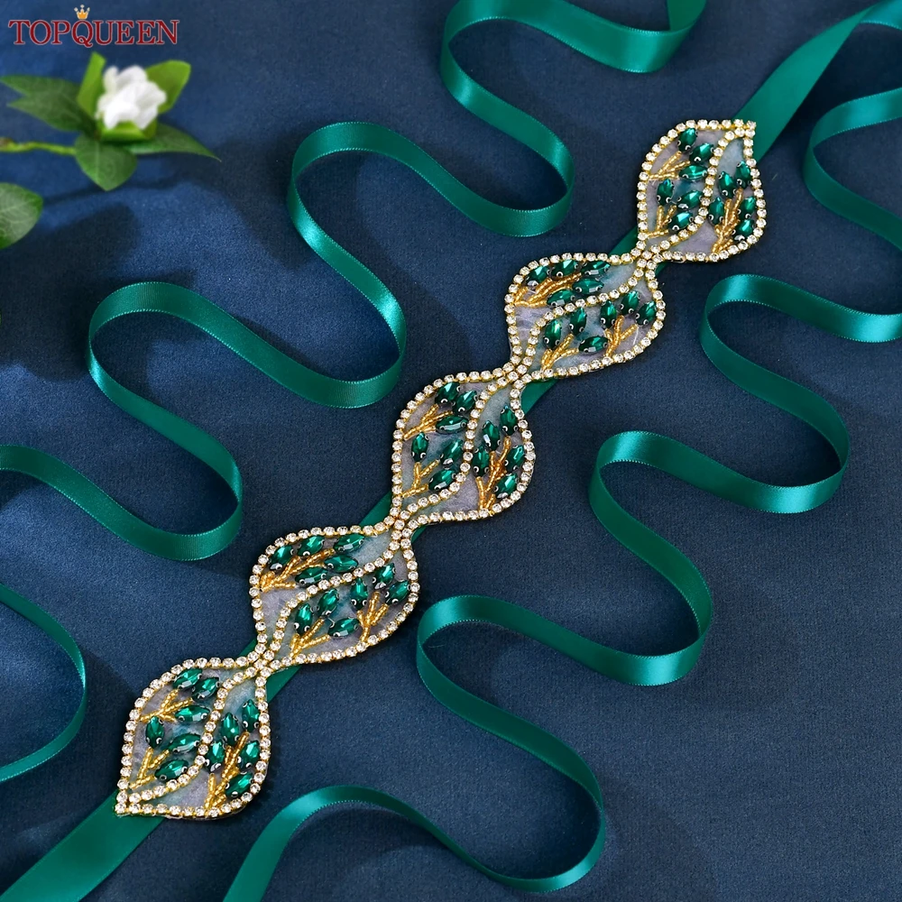 

TOPQUEEN свадебный пояс, женские аксессуары для официального костюма, форма листа, зеленый камень, вечернее платье для ужина, дня рождения, пояс S206-KL