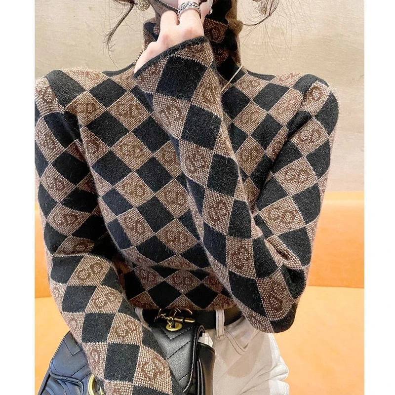 2023 Herbst Winter Frauen Vintage Argyle Luxus elegante Roll kragen Strick pullover Mode Langarm schlanke Pullover Tops Pullover