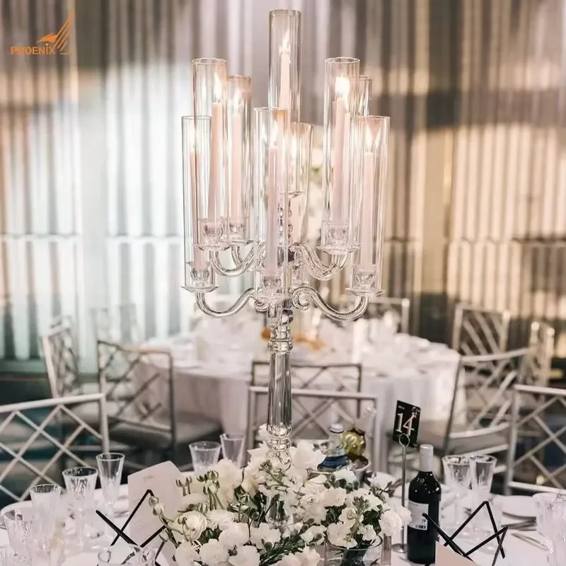 Modern 115cm Tall Crystal Candelabra 9 Arm Transparent Cone Candle Holder Elegant Wedding Table Centerpiece Decoration for