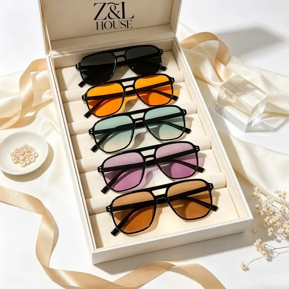 5 Pairs of Double Beam Gradual Change Lens Sunglasses Set, Retro Black Frame Square Fashion Glasses, Daily Travel Birthday Gift