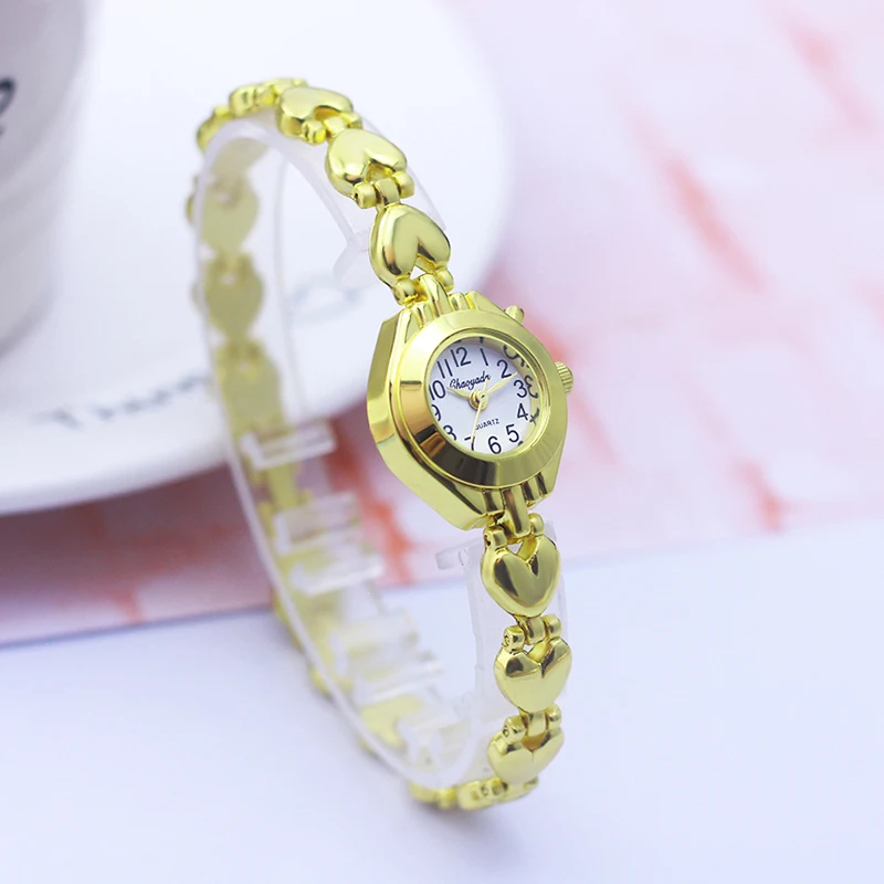 Luxury Woman Lady Gold Love Pendant Bangle Bracelet Wristwatches Young Female Girls Fashion Waterproof Gifts Thin Strap Watches