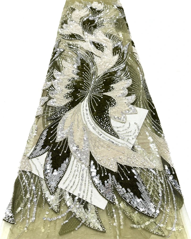 Tessuto di pizzo con perline africane di lusso in maglia di velluto francese con paillettes ricamate per abiti da sera da festa Nuovo design