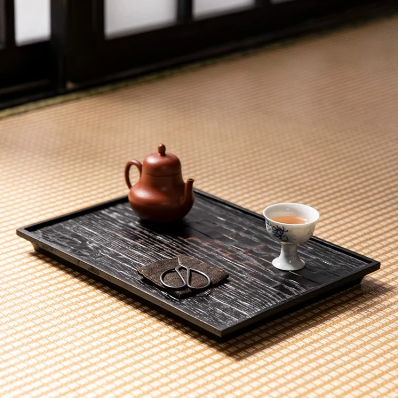 

Wabi-Sabi Charred Wood Tea Tray, Rectangular Dry Tea Table, Natural Wood Storage Tray for Tea Set, Smoked Wood Serving Board