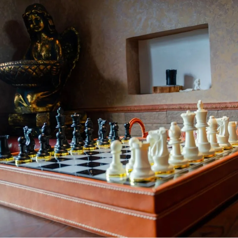 Schach, hochwertige Lederbox, bemaltes Schachbrett, Schachfiguren mit Metallbasis