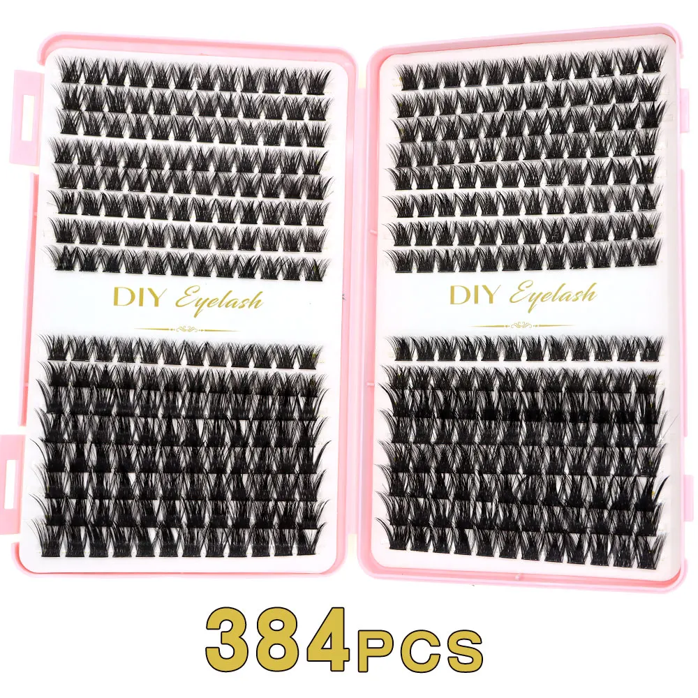 DIY Home Eyelash Extension Kit 384 Clusters of Faux Lashes for Thick Long Lashes Booklet Included for Extended Wear Eyelashes