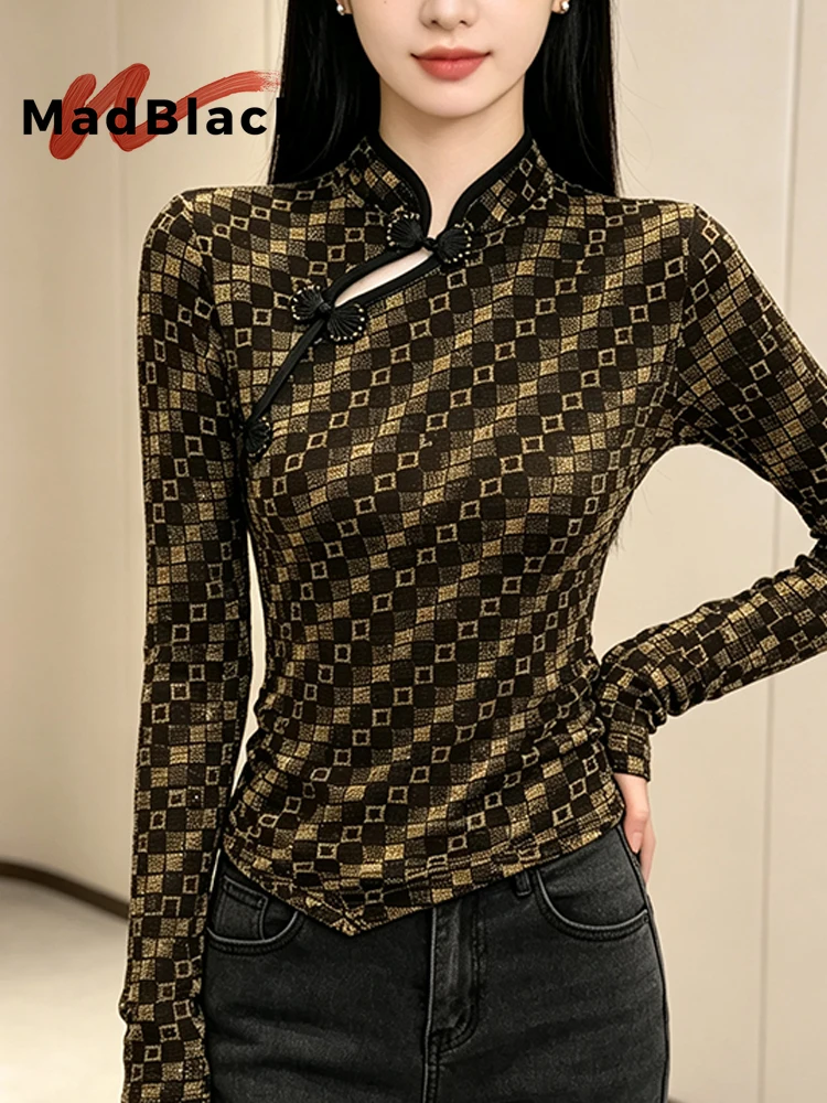 MadBlack-Women European T-Shirt, Sexy Stand Plaid, Vintage Workwear Long Sleeve Slim M-3XL Knit Tee, 2026 Autumn New T69407CC