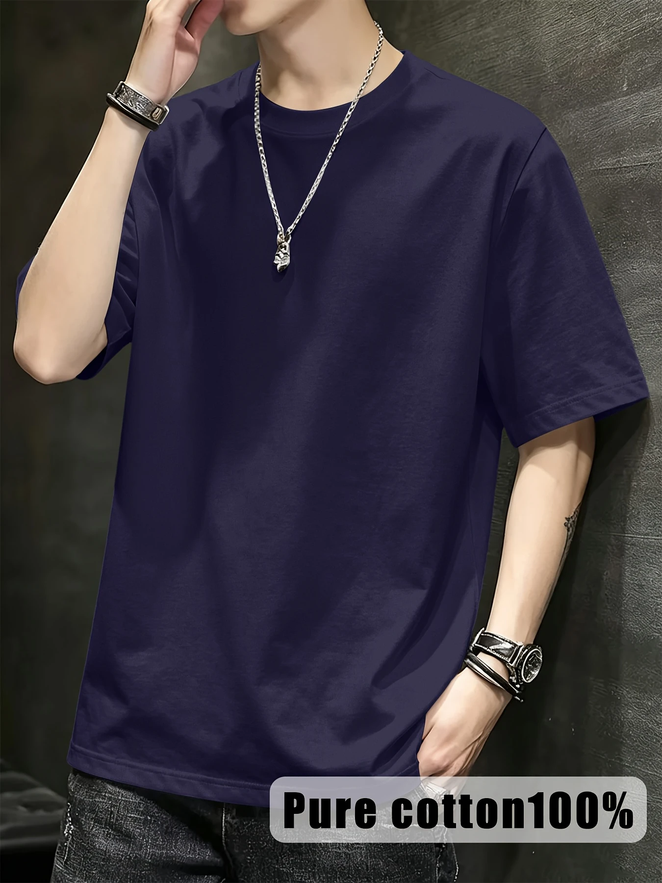 Men's Solid Color Short-Sleeve T-Shirt - American Mountain Camping Style Short-Sleeve T-Shirt, Loose Fit, Drop Shoulder Cut