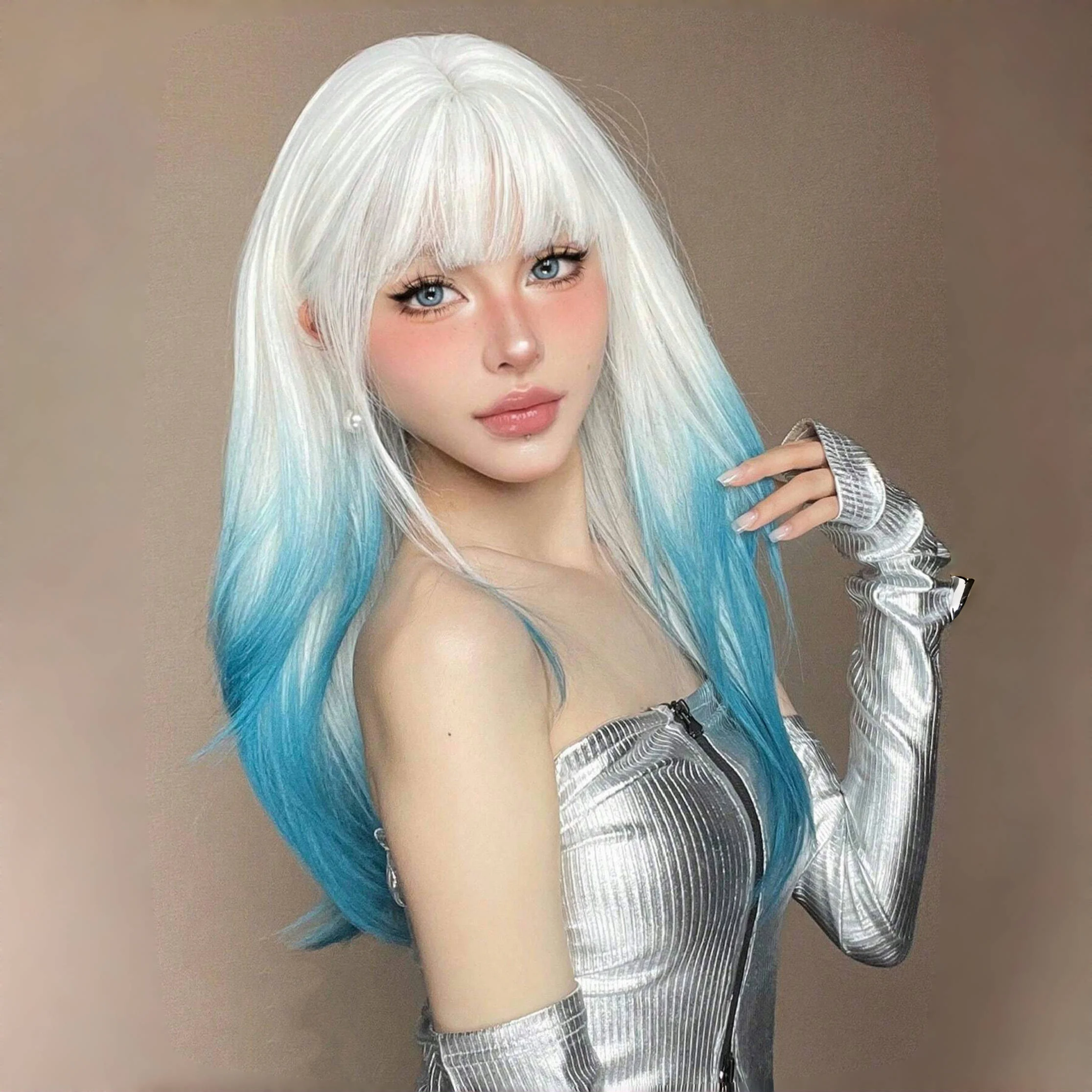 Long Straight Light Blue White Synthetic Wig with Bangs Sky Blue Ombre Cosplay Layered Wig for Women Heat Resistant Natural Hair