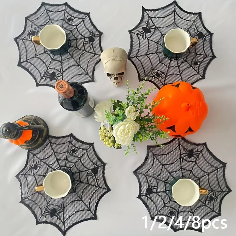 VIKAMA Halloween Black Lace Spider Web Meal Mat Spider Shaped Insulated Table Flag Coaster Party Table Decoration view 2