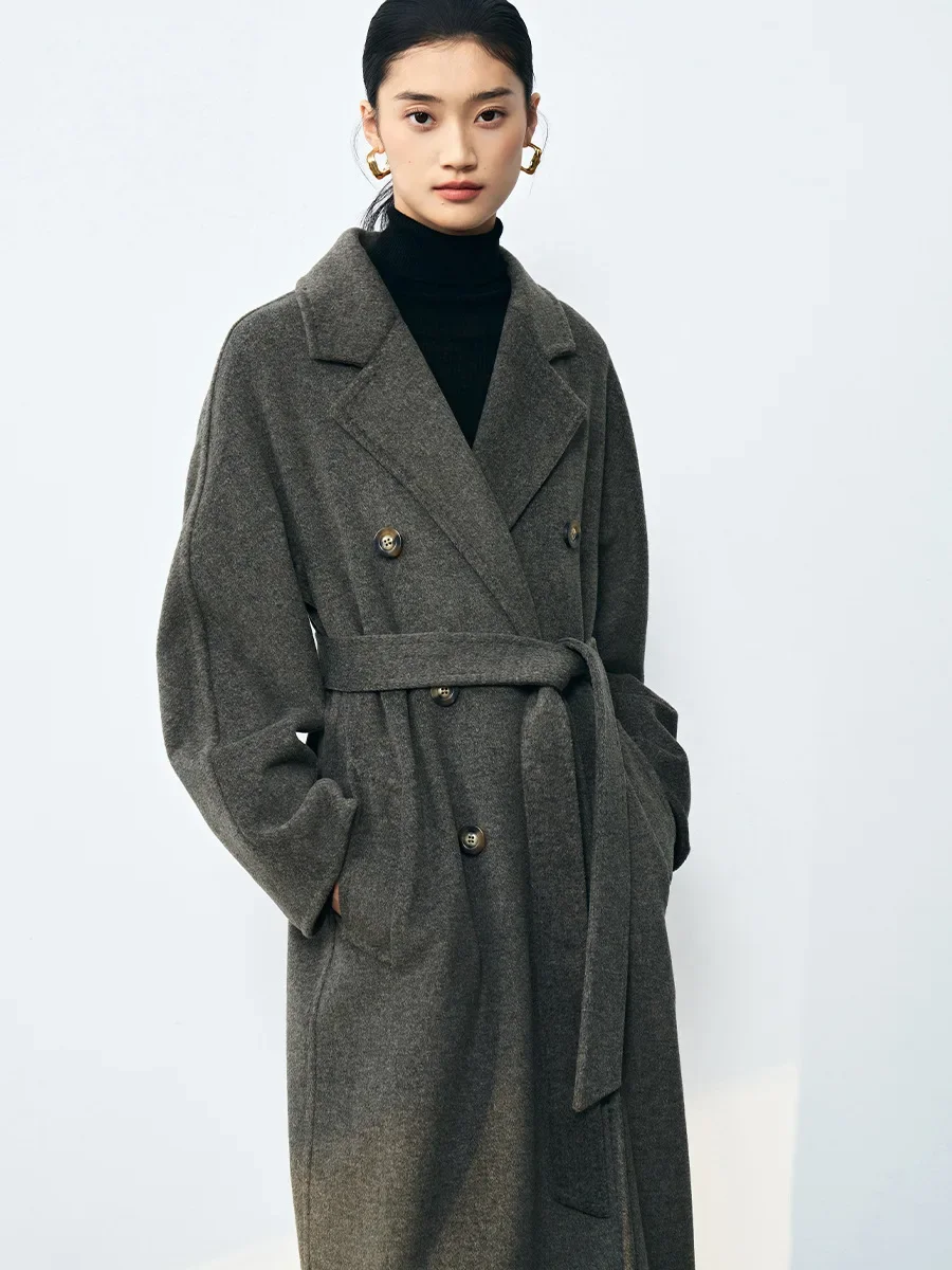 Fall Winter Wool Coat Women Classic Double Breasted TurnDown Collar Elegant Loose Long Woolen Jackets With Belt Thick Warm Coats