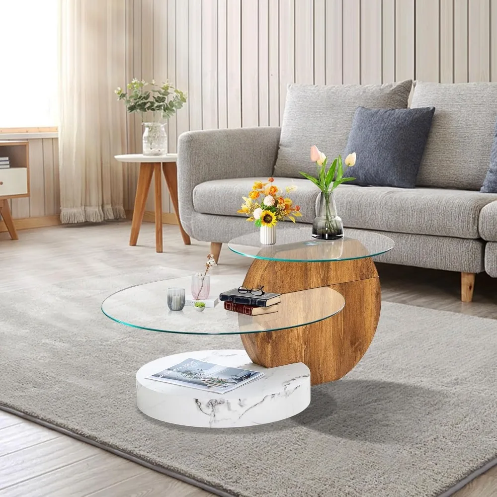 Round 3-Tier Glass Coffee Table with Modern Storage - Tempered Clear Glass Top and Wooden Base for Contemporary Living