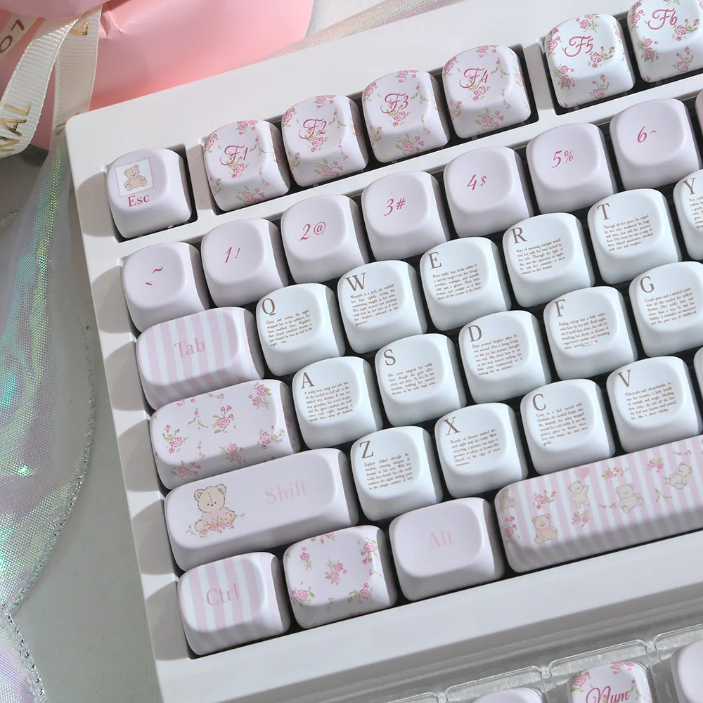 Copritasti con profilo MOA rosa bianco simpatico orso fiore 129 tasti PBT Cartoon Keycap adatto per tastiera meccanica