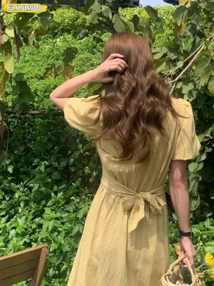 Plaid Dresses Summer Women Korean Japan Preppy Style Clothes V Neck Pink Yellow Cross Criss Lace-Up  Vintage Cotton Blends Dress