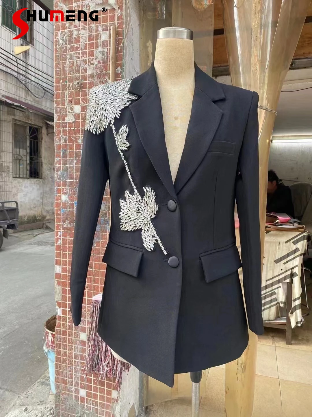 

2024 Spring Autumn Women's New Suit Jacket High-End Rhinestone Embroidered Suit Jackets Slim High-Looking Black Tailored Coats