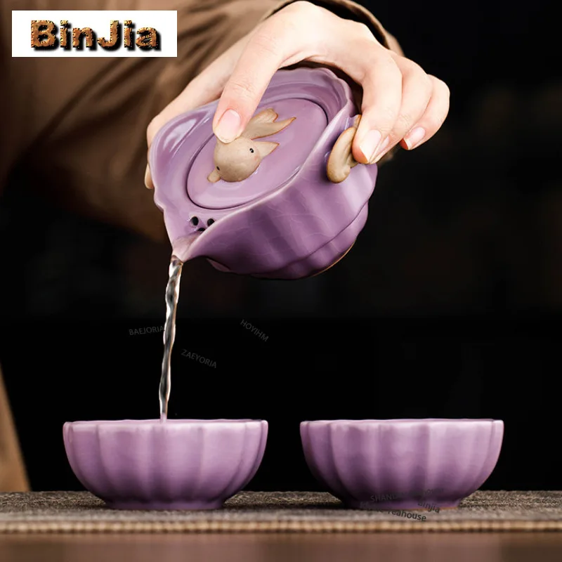 Purple Ru Kiln Good Luck Charm Ceramic Travel Tea Set Kit Creative 1 Pot 2 Cups Tea Maker Organizer Portable Camping Stock Bags