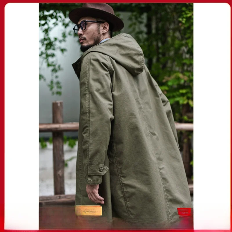 

Long Pure Cotton Military Version Workwear Parka Coat Youth Trend Autumn Season Casual Ocn Single Button Closure