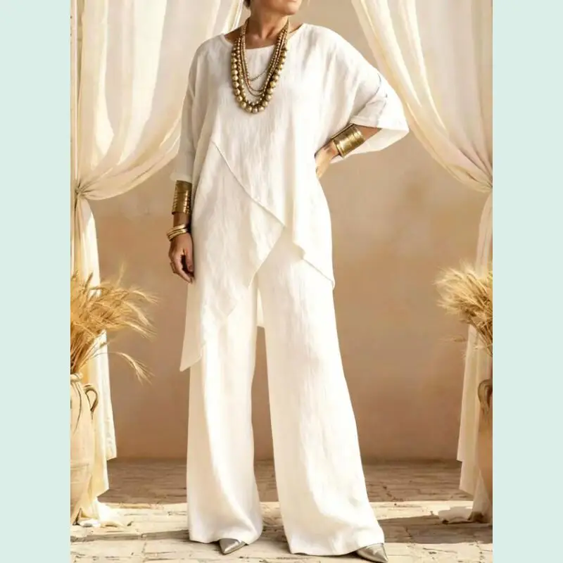 

Hot 2026 Summer New Cross-Border Women Fashion Versatile Two-Piece Cotton Linen Set Soft Comfort Loose Casual Irregular Hem Set