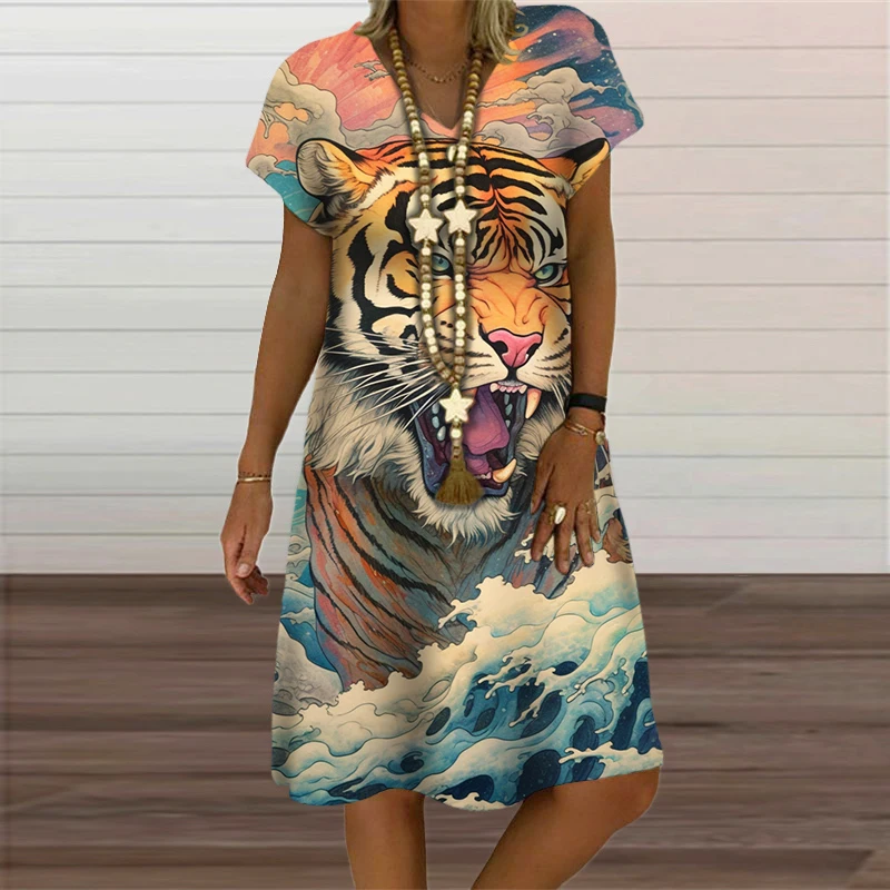 New Summer Retro Painting Tiger Women Dresses For 2023 Oversized Clothing Casual V-Neck Short Sleeve Loose Ladies Pullover Dress