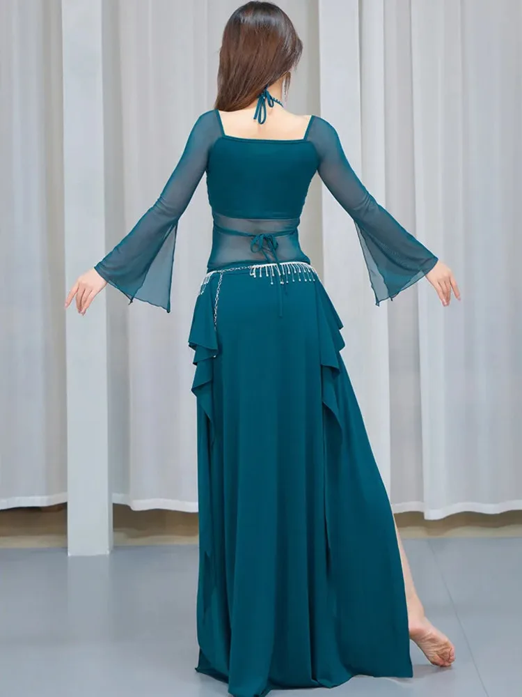 Abito da danza classica elegante per la pancia con top con scollo quadrato con coulisse e gonna con volant sull'orlo diviso – Costume da spettacolo teatrale