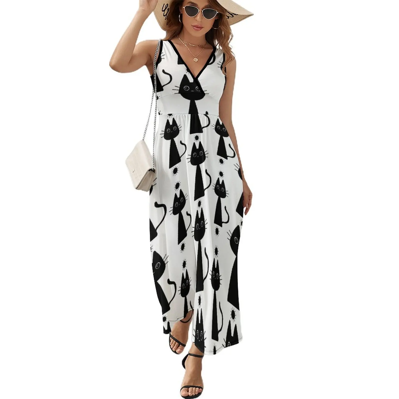 Black Magic Cat with Suns Dress Animal Sexy Maxi Dress V Neck Design Bohemia Long Dresses Street Fashion Big Size Vestidos