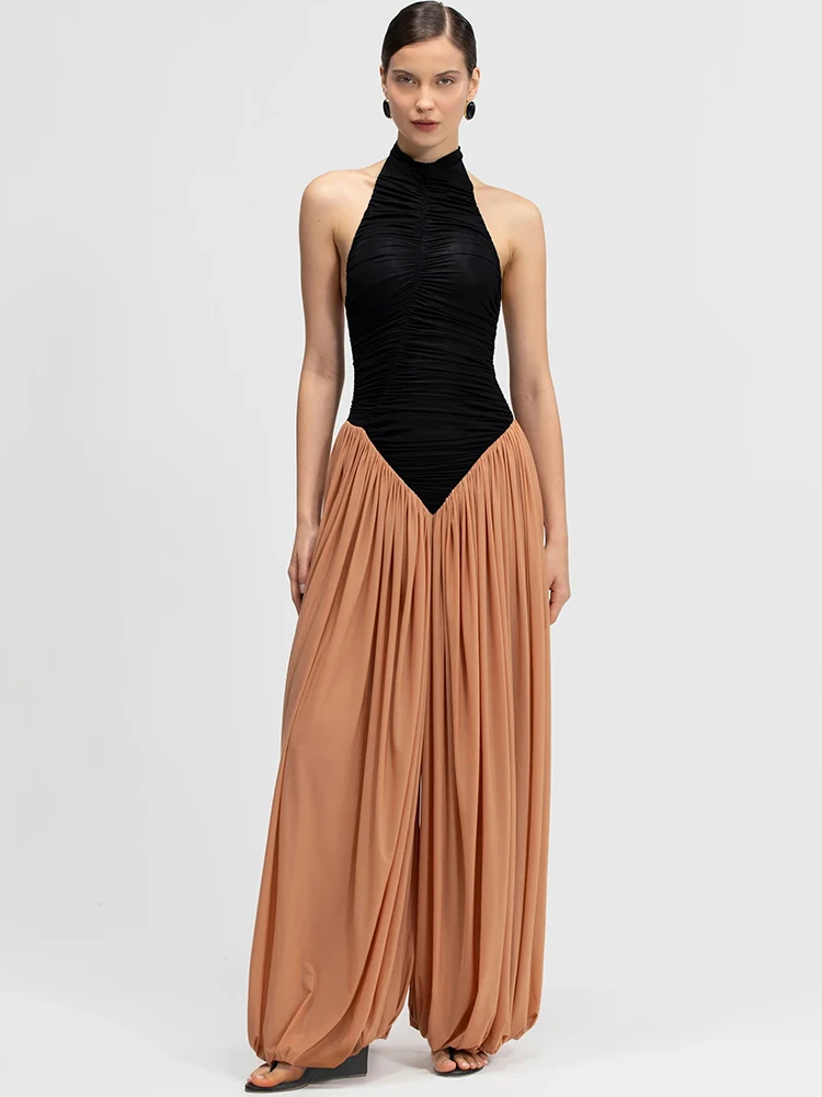 

Mozision Halter Jumpsuits Women Ruched Sleeveless Backless Bodysuit Pleated Wide Leg Palazzo Pants Evening Party Flowy Overalls