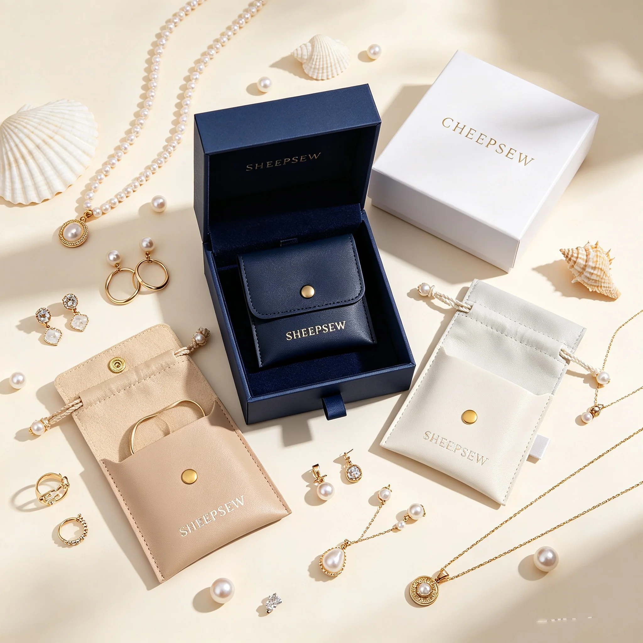 SHEEPSEW Personalized Custom Logo Cardboard Slide Drawer Jewellery Storage Box, Luxury Packaging Box With PU Leather Jewelry Pou