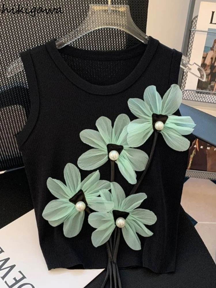 Coreano Crop top garza 3D serbatoi floreali abbigliamento donna o-collo senza maniche tunica gilet moda Casual estate Camis 2024 Ropa Mujer