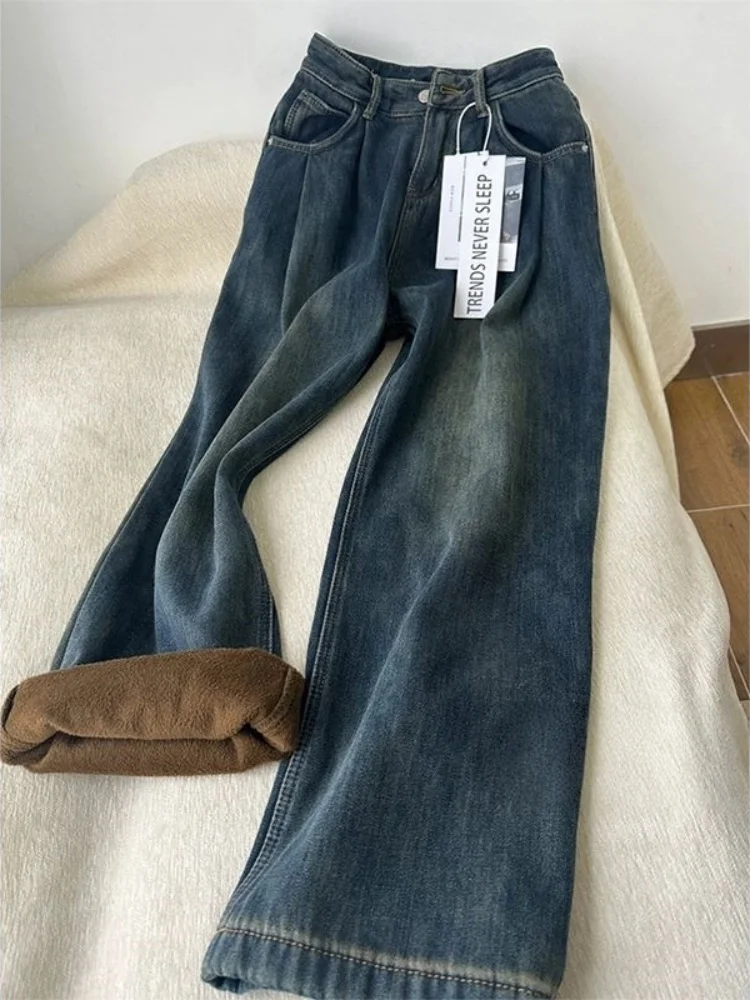 

High Waist Wide Leg Fleece Lined Cement Grey Straight Leg Vintage Washed Denim Jeans Women's Casual Wear Resistant Autumn Win...