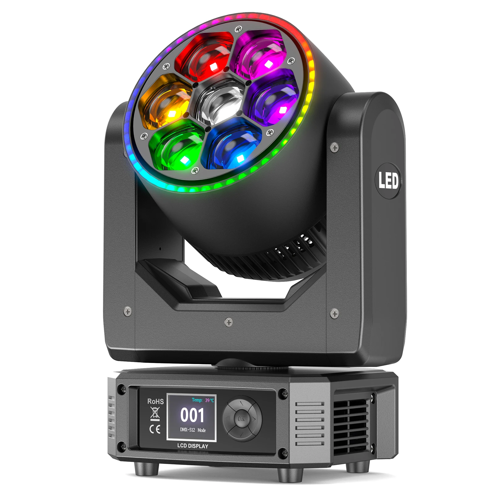 

Yiflamefly 300W Mini Bee Eye Moving Head Light With Light Strip 7X25W RGBW LED Beam Stage Light DMX512 DJ Lights For Disco Party