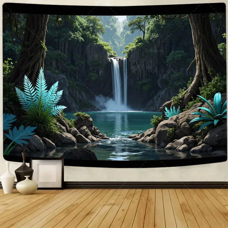 1 Stück Wandteppich „Wasserfall Oasis Wandteppich – Tropische Waldszene mit blaugrünen Farnen“