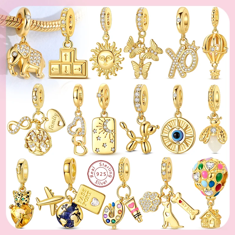 Dijes originales colgante de cuentas de Plata de Ley 925 mariposa dorada globo perro encanto ajuste pulsera colgante brazalete DIY joyería regalo