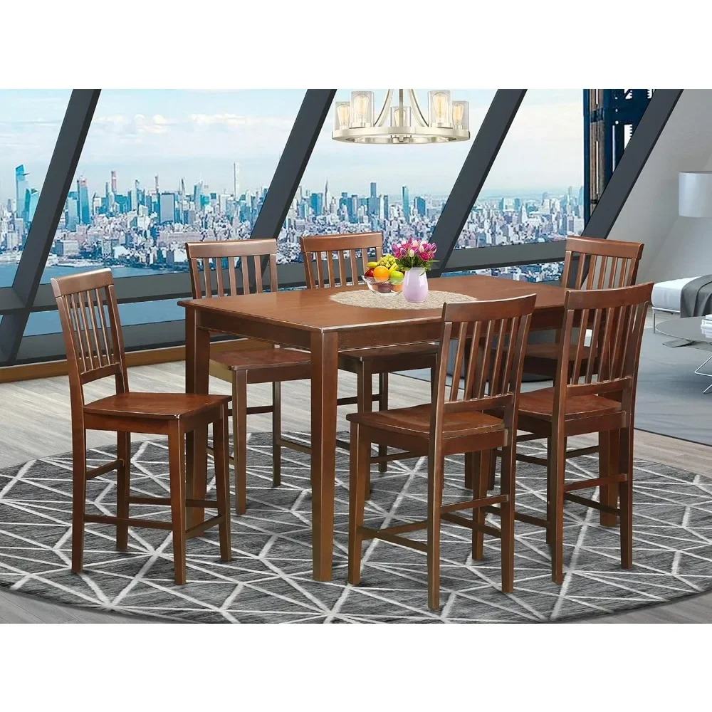 DUVN7H-MAH-W DUDLEY 7-Piece Kitchen Counter Height Set includes a rectangular dining table and 6 wooden seats, 36x60 inches