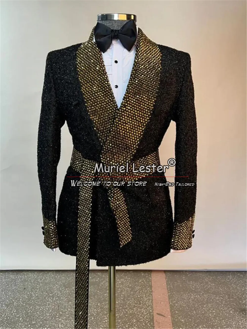 Trajes de boda brillantes para hombres, Blazer de solapa dorada con cinturón a medida, esmoquin de novio, ropa de cena de negocios, moda masculina, 2 piezas