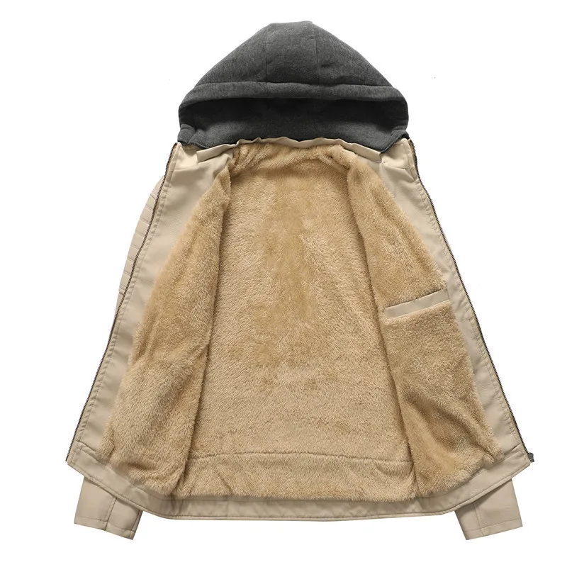 Motorcycle Leather Jacket - Men's Thick Winter Autumn Coat with Hood and Zipper Closure, Formal Stand-Up Collar Outerwear