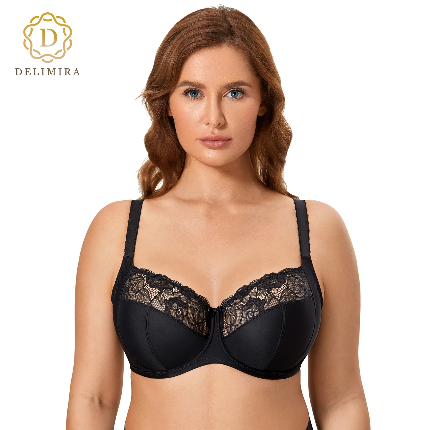 DELIMIRA Women\'s Sheer Floral Lace Balconette Bra Sexy Plus Size Full Coverage Seamless Underwire Unlined Support D E F G Cup