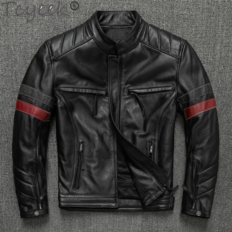 

Tcyeek Spring Autumn Clothing Cowhide Leather Jackets Man Stand Slim Riding Coat Men's Genuine Leather Jacket Veste Cuir Homme