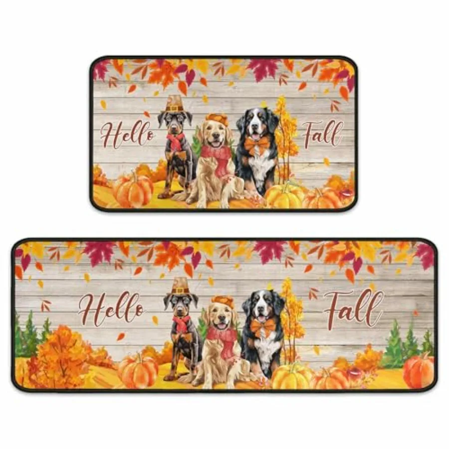 

Hello Fall Dog Kitchen Rugs Fall Decorations for Home NonSlip Backing Autumn Pumpkin Floor Mat Set of 2 Fall Decor Thanksgiving