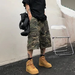 Streetwear erkekler kadınlar kamuflaj kargo şort yaz Vintage Y2k elastik bel açık spor Casual Baggy All-match geniş pantolon