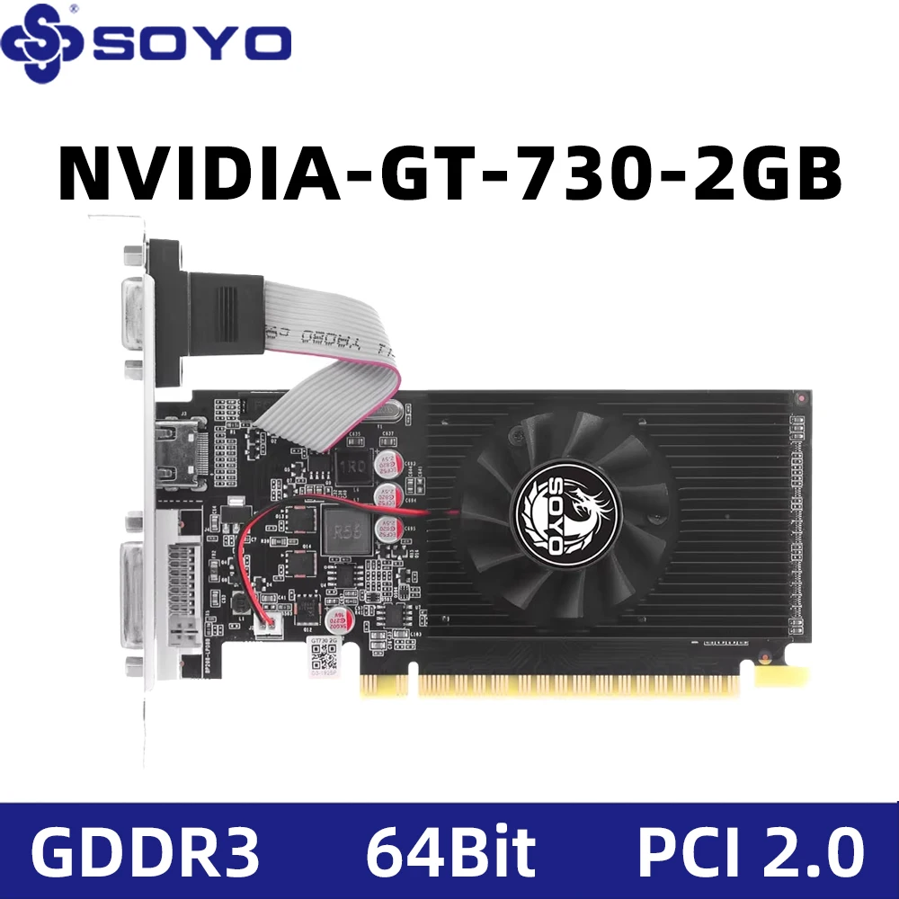 Tarjeta gráfica SOYO NVIDIA GT 730 DDR3 2G para juegos de PC, tarjeta de vídeo de 64 bits, perfil bajo para ordenador de escritorio, DVI, HDMI, CRT, PCIe2.0x8