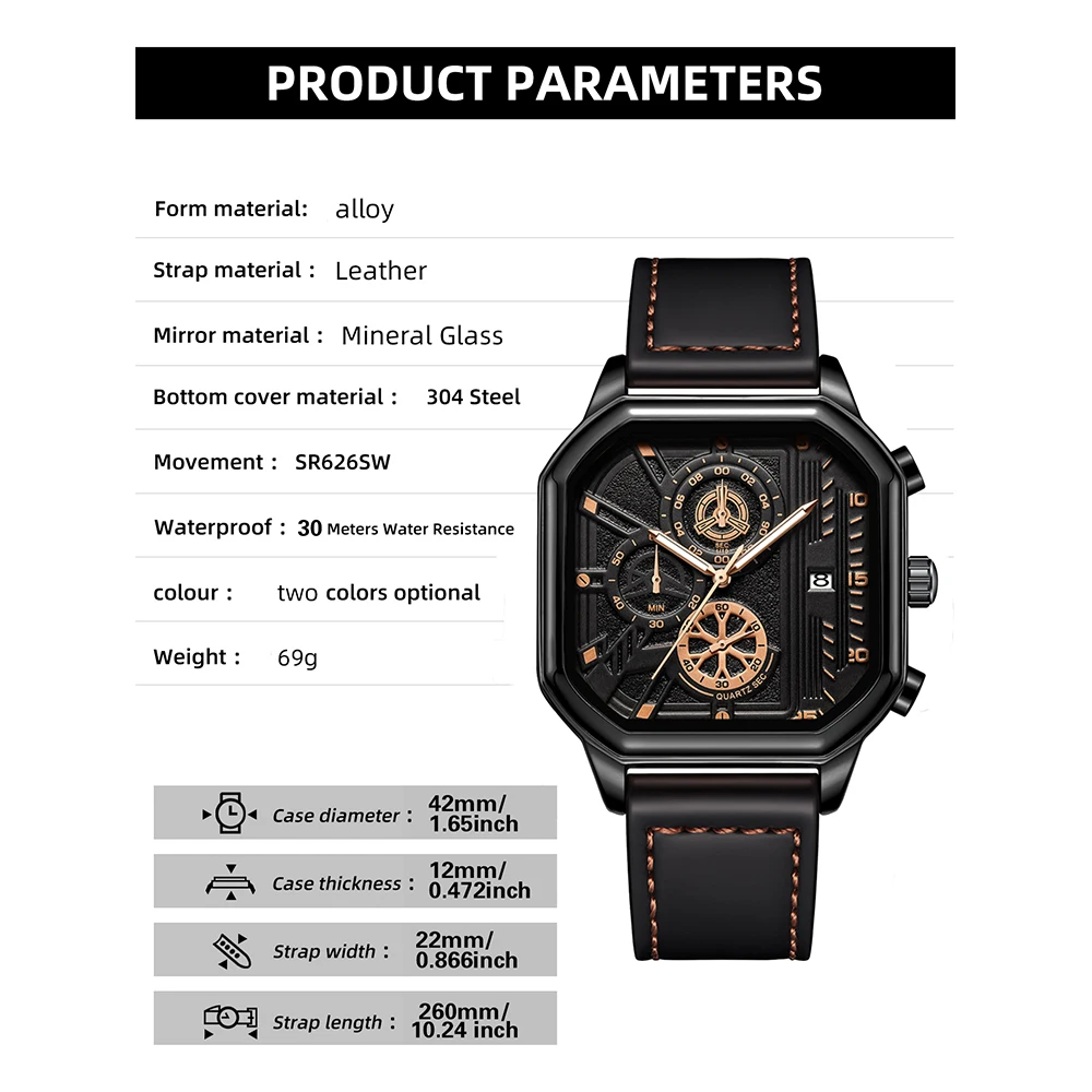 BIDEN Men's Watch High Quality Leather Strap, Six Needle Luminous Quartz Watch, Fashionable Design, Men's Exclusive Gift