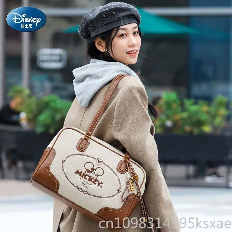 Disney Retro Large Capacity Shoulder Bag for Women Girl Kawaii Canvas Mickey Mouse Tote Durable Fashion Trend