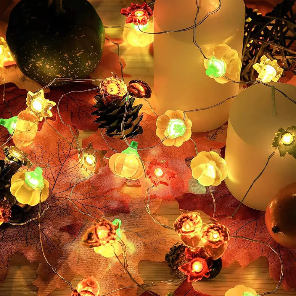 LED Fairy String Lights Pumpkin Maple Leaf Turkey Shape Decorative Copper Wire Lamp For Thanksgiving Autumn Home Decor Party