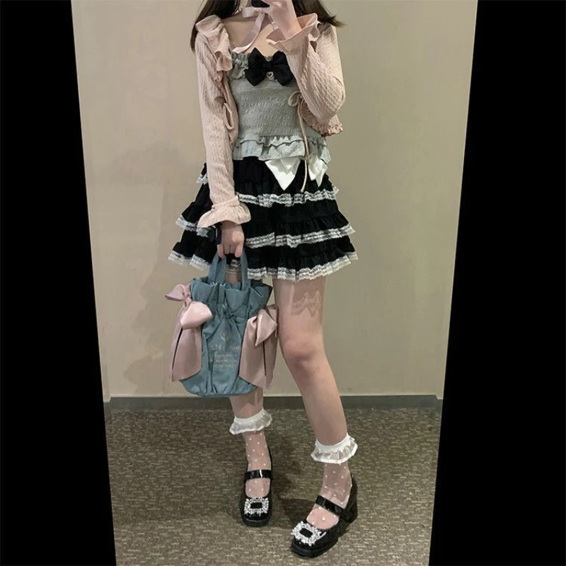 Skirt 2024 Summer Fashion Versatile Dark Sweet Cool Heart Small High Waist Black Cute A Line Cake Skirts