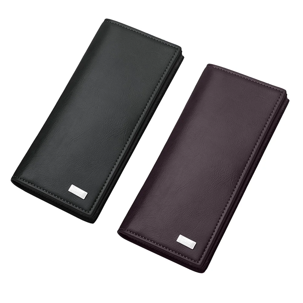 Long Wallet Men PU High Capacity Coffee Color 14CM Long Wallet Checkbook Retro Style Slim Bifold Card Holder Wallets