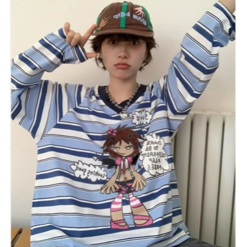 Y2K retro striped long sleeved T-shirt for women's autumn new style portrait print V-neck loose college style women's top emo