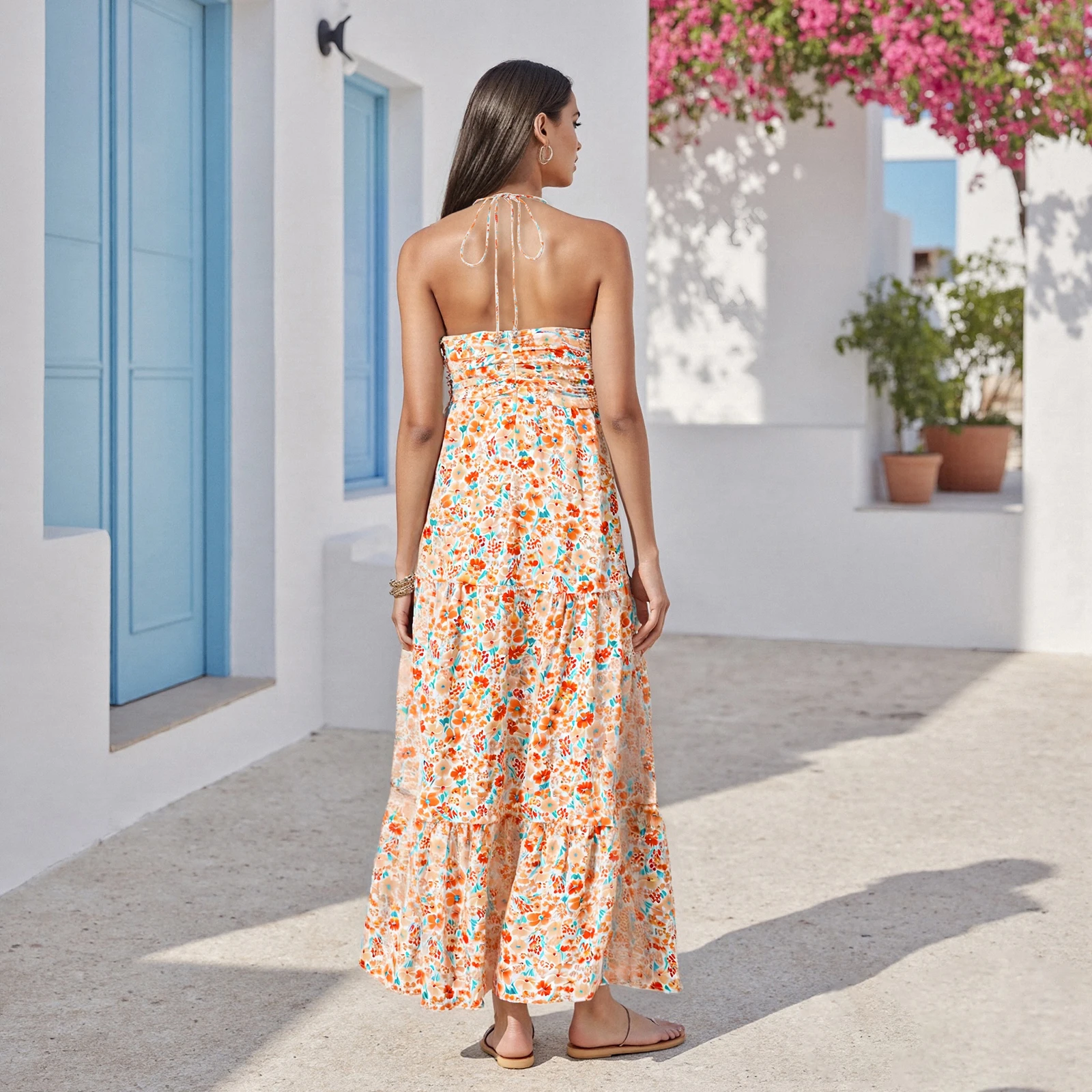 2025 Sexy Women's Halter Long Dress Fashion Ladies Sleeveless Deep V Neck Solid Color/Floral Print Slim Dress Summer Beach Dress