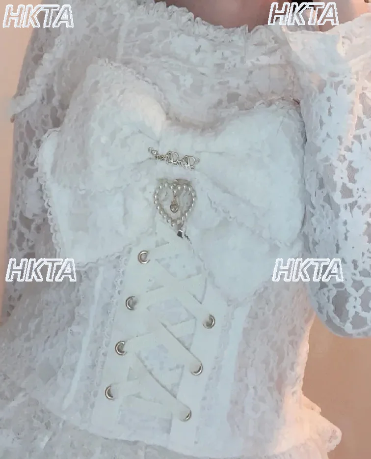 Japanese Autumn New Mass-Produced Lace Sweet Bow Lace Slim Fit Base Shirt Women Girls Fairy Elastic Slim Fit Liz Blouse Top